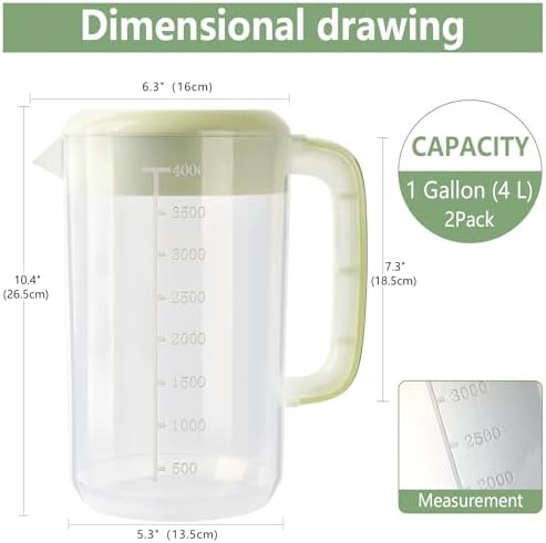 1 Gallon Clear Plastic Pitcher with Lid, 2 Pack Clear Water Pitcher