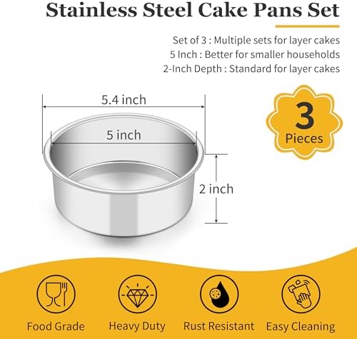 TeamFar 5 Inch Cake Pan Set of 3, Stainless Steel Small Layer Cake Pans Tin