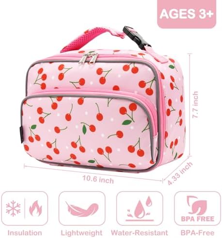 FlowFly Kids Lunch box Insulated Soft Bag Mini Cooler Back to School Thermal Meal Tote Kit for Girls, Boys,Cherry