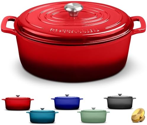 ROSSALLINI Signature Enameled Cast Iron Oval Dutch Oven | Non-Stick Serving Pot with Tight Fitting Lid for Perfect Roasting, Baking, Sauteing, and Bread Making | 5Q [Red]