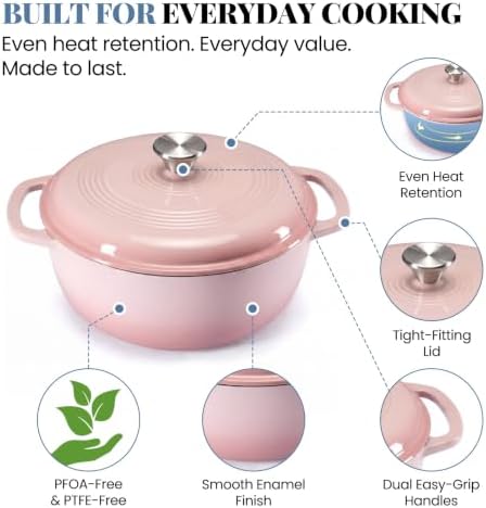 DUMOS Cast Iron Dutch Oven, 6 Quart Pot with Lid, Enameled Heavy Duty Cookware, Oven Safe to 500°F, Perfect for Bread Baking, Stews and Roasting, Moisture Sealing Lid with Dual Handles, Gradient Pink