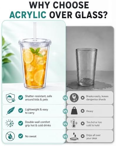 Zukro Clear Double Wall Plastic Tumbler with Lid and Straw 16 oz, 2 Pack