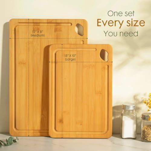 Astercook Nature Bamboo Cutting Boards for Kitchen with Wood Storage Stand, Reversible Charcuterie & Chopping Boards with Juice Grooves and Easy-Grip Handles