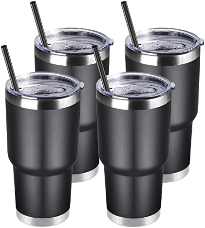 DOMICARE 30 oz Tumbler with Lid and Straw, Stainless Steel Tumblers Bulk, Insulated Vacuum Double Wall Travel Coffee Mug, Durable Powder Coated Tumbler Cups (Black, 4)