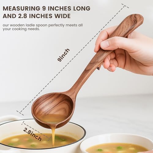 HANSGO Wooden Ladle for Cooking, Wooden Soup Spoons, Natural Teak Wood Serving Spoon, 9'' Long Handle Scooper for Stirring Gravy Sauce Porridge, House Warming Gifts New Home
