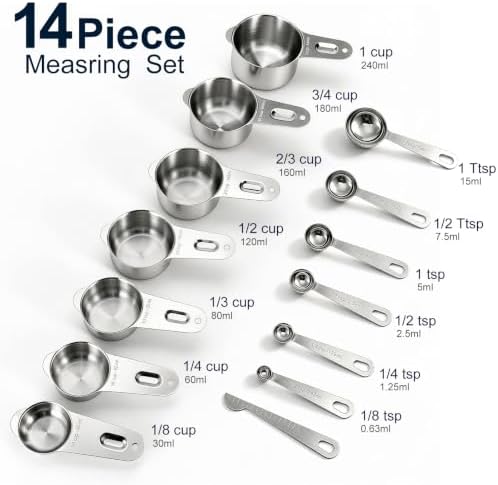 Bopei 14-Piece 18/8 Stainless Steel Measuring Cups and Spoons Set, Silver