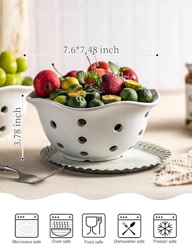 Gomakren Fruit Basket Set of 2, Berry Bowls with Holes Ceramic, Cream White