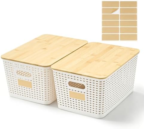 Bagnizer 2 Pack Tall Plastic Storage Bins with Bamboo Lids, 10.8qt Stackable Storages Baskets for Organizing Desktop Closet Playroom Classroom Office, 12"L x 8.3"W x 6.1"H, Cream White