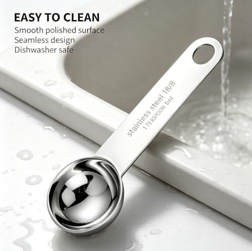 4-Piece 18/8 Stainless Steel Measuring Spoons – 1 Teaspoon, 1/3 Tablespoon, 5 mL – Durable Metal Spoons for Kitchen, Baking, Coffee, Tea