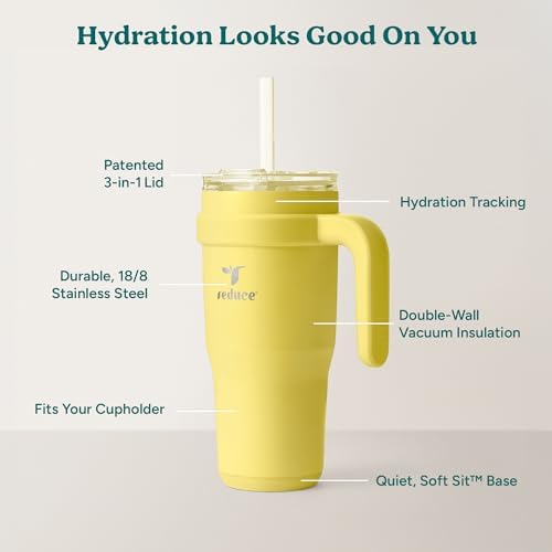 Reduce 24 oz Stainless Steel Tumbler with Handle - Dual-Wall Vacuum Insulated Travel Mug, Sweat-Proof Lid & Reusable Straw - Keeps Drinks Cold for 24 Hrs, Fits Cupholders, Dishwasher Safe -Pina Colada
