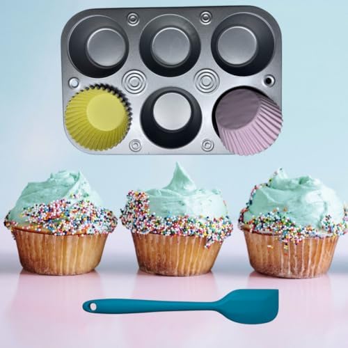 Nonstick 6-Cup Cupcake Baking Pan with Silicone Spatula and 90 Standard Baking Cups - Perfect for Muffins, Cupcakes, and More!
