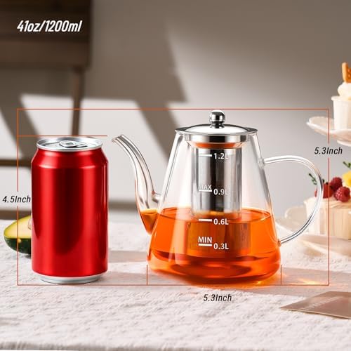 PARACITY 44oz Glass Teapot with Infuser, Stovetop Tea Pot with Scale, Clear