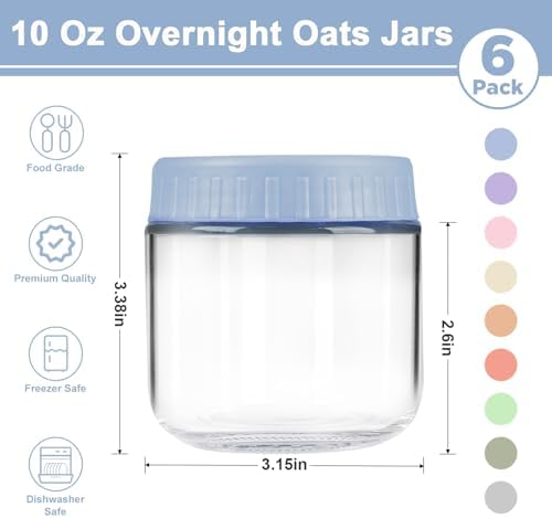 Overnight Oats Containers with Lids, 10oz Wide Mouth Mason Jars with Lids, 6 Pack Glass Jars with Airtight lid for Chia Pudding Yogurt Salad, Meal Prer Oatmeal Jars