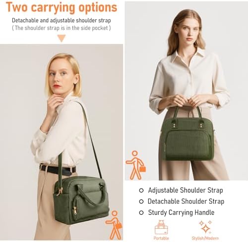 Lunch Bag Large Insulated Lunch Box for Women Men Adult Cute Green Lunchbox Corduroy Lunch Bags Boxes Pail with Adjustable Shoulder Strap for Work Mom Picnic Office Travel 11.4×6.8×9.1 inches 11.5L