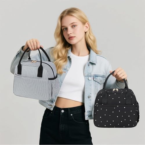 CAMTOP Lunch Box for Women Insulated Lunch Bag Lunchbox Cooler Thermal Leakproof Quilted Reusable Lunch Tote Bag for Work School Travel Picnic (Black White Dots)