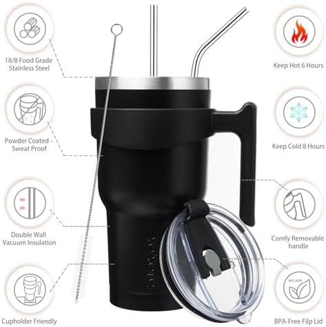 BJPKPK 30 oz Tumbler with Handle & Straw, Insulated Stainless Steel Mug