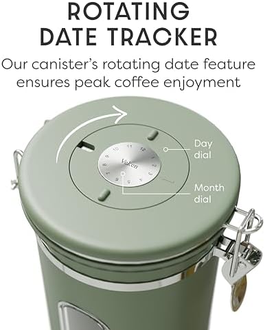 Veken Coffee Canister with Window, Airtight Stainless Steel Container,Date Tracker, Kitchen Food Storage Jars for Beans, Ground, Espresso, Rice,Tea, Sugar, Cereal, Gifts, Scoop,Green, 22OZ (Pack of 2)