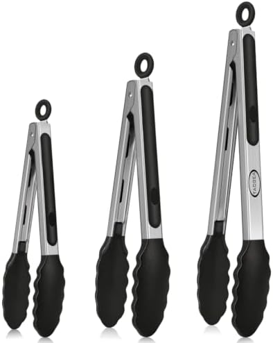 TACGEA Stainless Steel Kitchen Tongs with Silicone Tips, Locking Grilling Food Tongs, 7" 9" and 12", Set of 3 Black