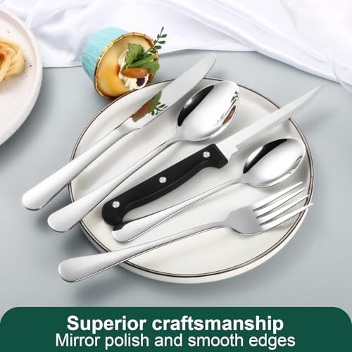 24-Piece Silver Silverware Set with Steak Knives Black Stainless Steel Flatware Set for 4 Food Grade Tableware Cutlery Set Rust-proof, Mirror Polished, Dishwasher Safe