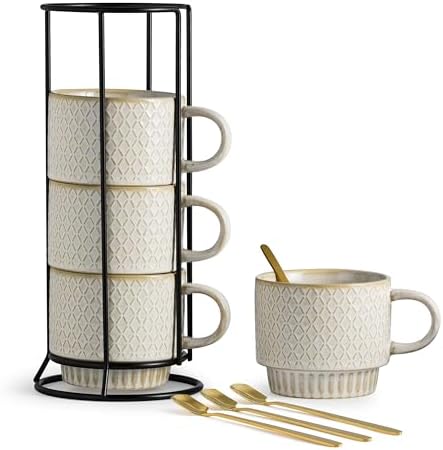 LYEOBOH Stackable Coffee Mugs, Coffee Cups, Mug Set of 4 with Spoons - 13 Oz Coffee Cup Set with Stand, Ceramic Coffee Mug - Farmhouse Kitchen, Beige