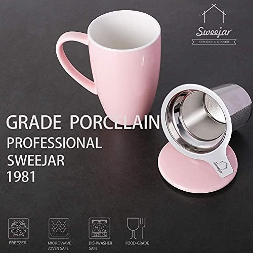 Sweejar Porcelain Tea Infuser Mug with Lid, 16 oz Teacup with Strainers for Loose Leaf Tea, Microwave and Dishwasher Safe Coffee Mug(Pink)