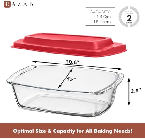 Razab 2 Pack 7.6 Cups / 1.9 Qt Glass Banana Bread Pan Set with Grip Handles