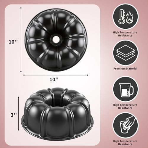 10” Cake Pan 2-PACK, Nonstick Round Cake Baking Pan, Buntz Pound Cake Mold,Tube Bakeware,Baking Mold for Jello/Gelatin/Chocoflan/Flan, Non Toxic, Easy Clean - Black