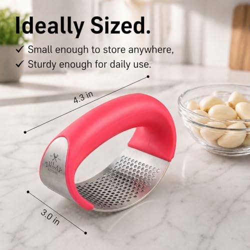 Zulay Kitchen Stainless Steel Garlic Press Rocker Set - Premium Garlic Mincer Garlic Crusher - New Innovative Garlic Crusher with Peeler and Scraper - Comfortable Grip (Red)