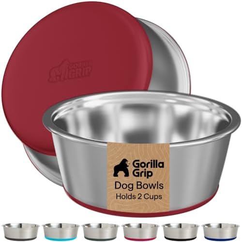 GORILLA GRIP Dog Bowls, Food Grade Stainless Steel, Set of 2, 2 Cup, Red