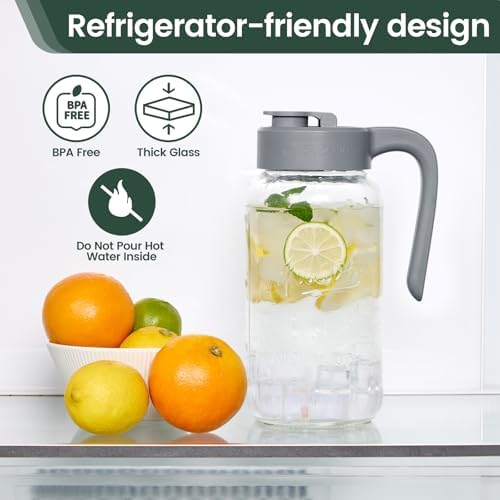 Mason Jar Pitcher, 64 oz (2 quart), Glass Pitcher with Lid