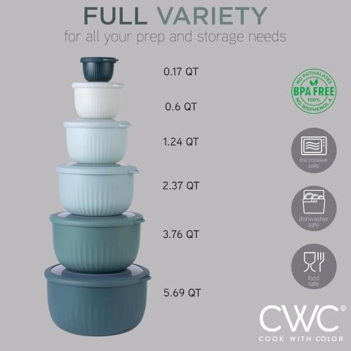 COOK WITH COLOR Prep Bowls with Lids- Wide and Deep Nesting Plastic Small Mixing Bowl Set with Lids, 12 Piece Set - Deep Bowls, Teal