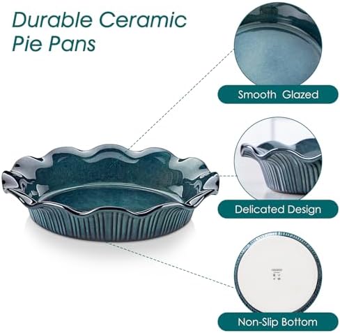 vancasso Ceramic Pie Pan for Baking, 9 inch Deep Pie Plates for Apple Pie, Pot Pie, Tart and Quiche, Reactive Glaze Fluted Pie Pans, Large Pie Dish with Ruffled Edge, Green, STERN Series