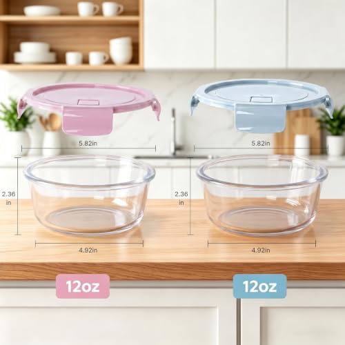 4 Pack 12oz Glass Meal Prep Containers, Glass Food Storage Containers with Airtight Lids, Leak Proof, Easy to Clean, Microwave, Dishwasher, Oven, and Freezer Safe