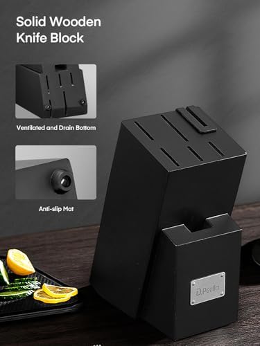 Knife Set, D.Perlla 8 Pieces Kitchen Knife Set with Built-in Sharpener, High Carbon German Stainless Steel Knife Block Set with Unique Waved Pattern, Non-slip Handle, Black