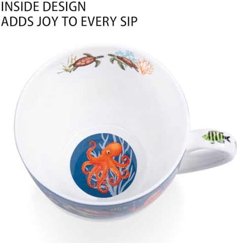 Summer Ocean Wonders Hug Mug - 20oz Deep Blue Bone China Coffee Mug with Sea Turtle, Octopus and Tropical Fish, Marine Life Themed Gift for Ocean Lovers, Designed in England by Harvest Green Studio