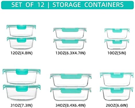 FAWLES 12 Pack Glass Storage Containers with Lids, Leak-Proof Meal Prep Containers, Dishwasher/Microwave/Oven/Freezer Safe Glass Food Storage Containers for Leftovers, to Go