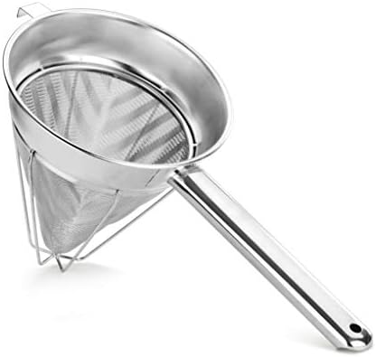 New Star Foodservice Reinforced Bouillon Strainer, 8-Inch, Fine Mesh, 18/8 Stainless Steel, Commercial Kitchen Strainer for Stocks, Sauces, Soups, and Purees (Pack of 6)
