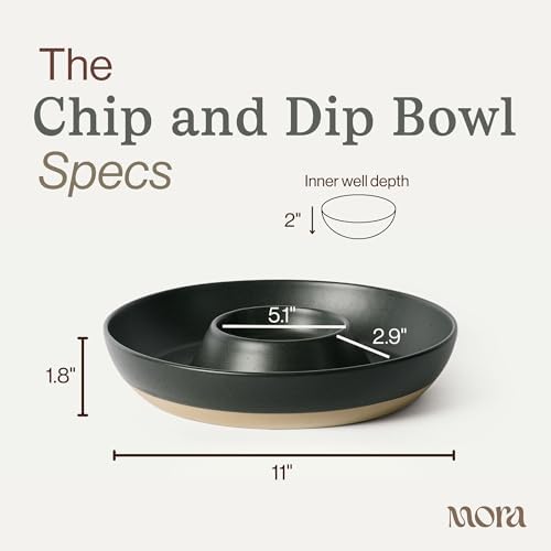 MORA Ceramic Chips and Dip Serving Tray: Large Divided Party Bowl Set for Chips & Salsa, Veggies & Dip, Fruit, Snacks, Entertaining, Hosting, etc. Minimalist Design for the Modern Hostess - Liquorice