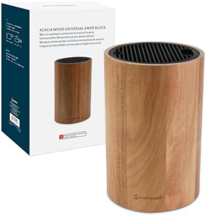 KITCHENDAO Universal Knife Block Without Knives, Acacia Wood Knife Holder, Space-Saving Round Knife Storage Organizer for Countertop, with Slots for Scissors and Sharpening Rod