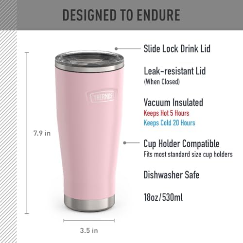 THERMOS ICON SERIES, Stainless Steel Tumbler with Slide Lock, 18 Ounce, Sunset Pink