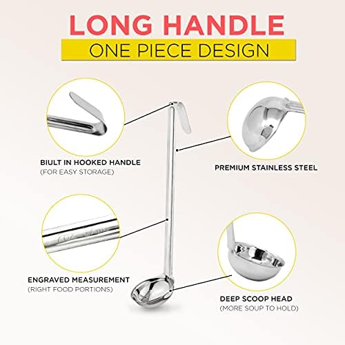 Fit Meal Prep [2 Pack] 2 oz Stainless Steel Soup Ladle, One-Piece Sauce Spatula with Hook Handles, Commercial Grade Serving Spoon, Kitchen Tool for Restaurant or Home Cooking, Mirror Finish, 12" Long
