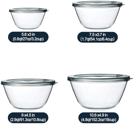 M MCIRCO 4 Packs Glass Mixing Bowls with Lids Set, 0.8/1.7/2.9/4.8 Qt