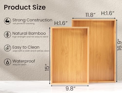 Fibogollo Bamboo Set of 2 Serving Tray with Handles,Decorative Trays Platter,Breakfast Tray in Bed,Food Drinks Tray for Eating,Working,Storing(Natural)