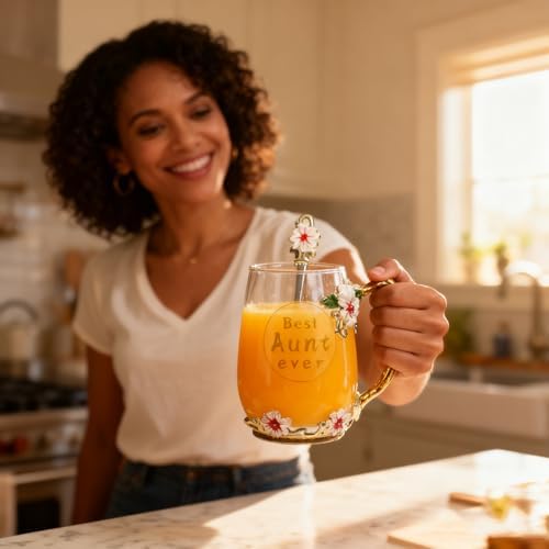 Best Aunt Ever Printed Flower Tea Glass - Hidden in Socks, Perfect Christmas Thanksgiving Gift for Aunt Auntie or Neighbor