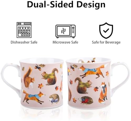 Fall Animal Coffee Mug, 12oz Ceramic Autumn Mug with Woodland Fox, Squirrel & Hedgehog in Scarves & Leaves, Cozy Fall Gift for Nature Lovers, Designed in England by Harvest Green Studio