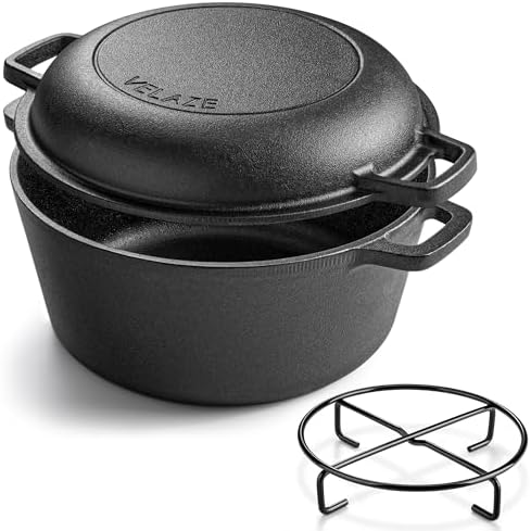 Velaze Cast Iron Dutch Oven with Skillet Lid, 2-in-1 Pre-Seasoned, 5QT