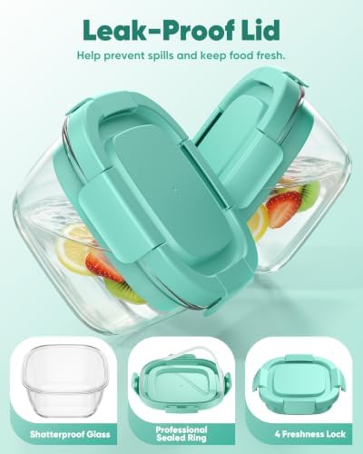 Canfanni Glass Salad Container, 56oz Bowl with Airtight Lids, Tray, Fork