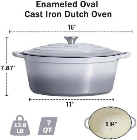 Enameled Oval Dutch Oven Pot with Lid, 7 QT Cast Iron Dutch Oven with Dual Handles for Cooking, Bread Baking, Frying, Non-stick Enamel Coated Oven (Grey)
