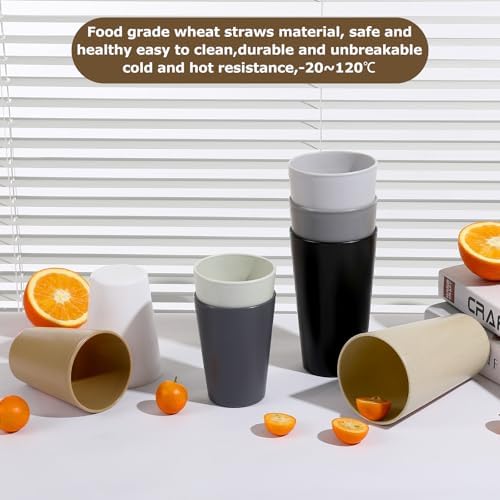 HEYCOME Set of 16 Wheat Straw Cups, 16 Pcs 20 oz Unbreakable Drinking Cups, Reusable Plastic Cups Sets, Water Glasses Tumblers, Microwave & Dishwasher Safe, Bpa Free, 4 Colors