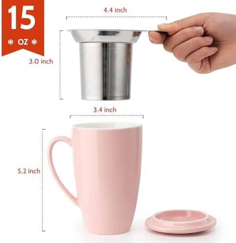 Sweese 15 OZ Porcelain Tea Mug with Infuser and Lid, Loose Leaf Tea Cup, Gifts for Tea Lover, Pink